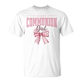First Communion Girl Pink Coquette Bow Christian Cute T-Shirt - Thegiftio UK