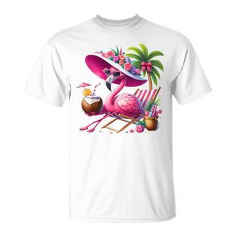 Flamingo Pink Palm Tree Tropical Beach Summer Vacation Women T-Shirt - Thegiftio