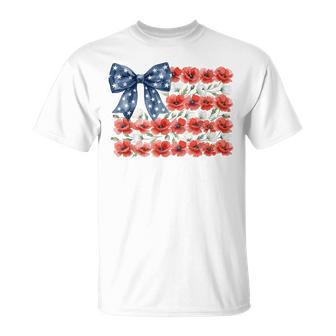Floral American Flag Coquette Bow Usa 4Th Of July Patriotic T-Shirt - Monsterry