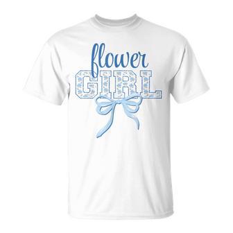 Flower Girl Blue Bow Coquette Floral Matching Bridal Party T-Shirt - Thegiftio UK