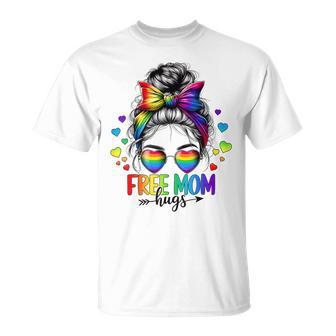 Free Mom Hugs Lgbt Flag Messy Bun Trans Gay Pride Rainbow T-Shirt - Thegiftio UK