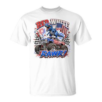 Red White Rawr Usa Flag Dinosaur Kids Summer Holiday T-Shirt - Monsterry