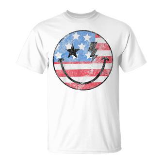 Happy 4Th Of July Groovy Smile Face Red White Blue Usa Flag T-Shirt - Thegiftio