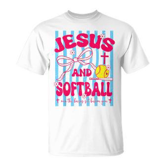 Jesus And Softball Bow Christian Mom Mama Girls Faith Womens T-Shirt - Monsterry