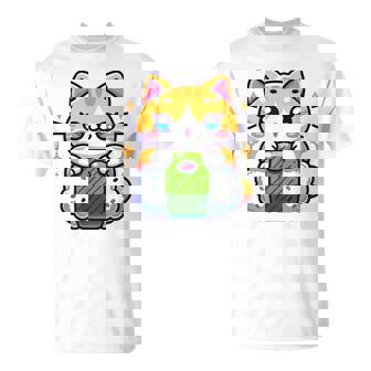 Kawaii Neko Chat Mangeant Onigiriushi Amateur De Nourriture Japonaise T-Shirt - Cadeauxyz