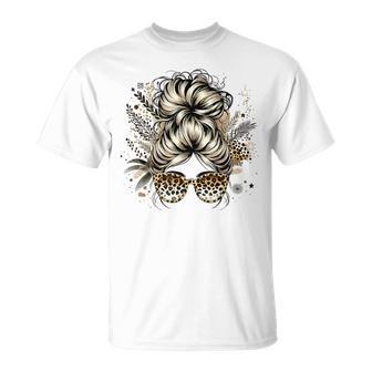 Leopard Messy Bun Hair Mom Life Leopard Bandana T-Shirt - Thegiftio UK