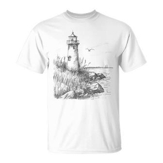 Lighthouse Vintage Light Tower Seaside Nautical House Sketch T-Shirt - Thegiftio