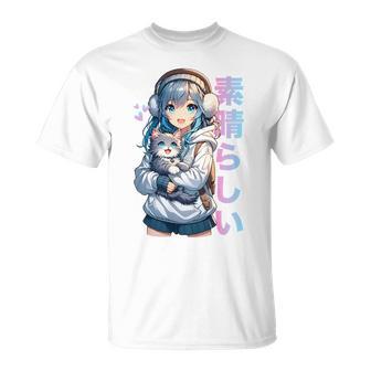 Mignon Anime Fille Avec Un Chat Pour Amoureux Des Chats Kawaii Otaku Manga Haut De Gamme T-Shirt - Cadeauxyz