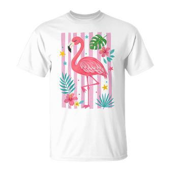 Motif Flamant Rose Tropical Été Floral Rayé Plage T-Shirt - Cadeauxyz