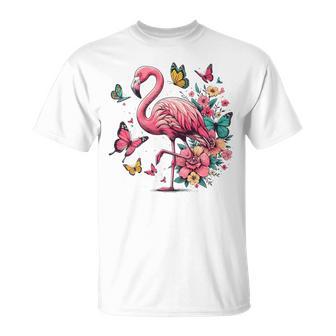 Nature Pink Flowers Flamingo T-Shirt - Monsterry