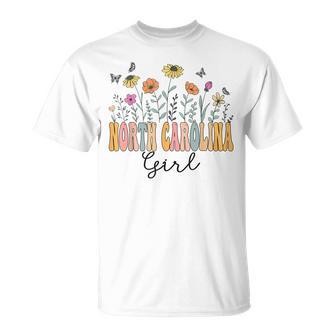 North Carolina Girl Wildflower Groovy North Carolina Lover T-Shirt - Monsterry