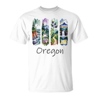 Oregon Brushstroke Coast Coffee Mountains Forest Waterfall T-Shirt - Monsterry
