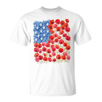 Patriotic Poppies & Hydrangeas Flowers In Floral Us Flag T-Shirt - Thegiftio UK