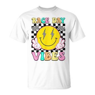 Race Day Vibes Checkered Flag Happy Face Car Racing Racer T-Shirt - Monsterry