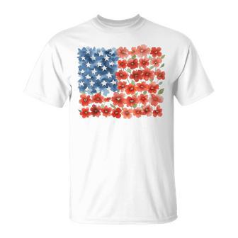 Red Poppy Flower American Flag Memorial Day Floral July 4Th T-Shirt - Thegiftio UK
