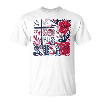 Retro Boho Floral God Bless The Usa Christian 4Th Of July T-Shirt - Thegiftio UK