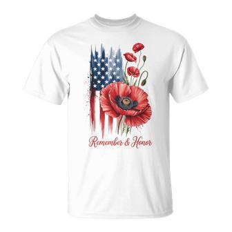 Retro Remember And Honor Memorial Day Red Poppy Flowers T-Shirt - Monsterry