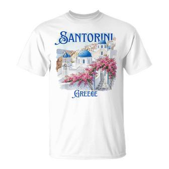 Santorini Greece Blue Domes Pink Flowers Souvenir T-Shirt | Mazezy