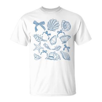 Seashell Preppy Blue Coquette Bow Beach Coastal Sea Shell T-Shirt - Thegiftio UK