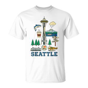 Seattle Landmarks Iconic Cityscape Love Souvenir T-Shirt - Monsterry