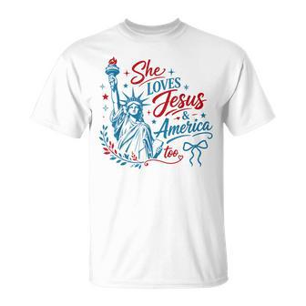 She Loves Jesus And America Too 4Th Of July Christian Women T-Shirt - Monsterry