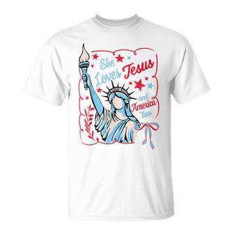 She Loves Jesus And America Too 4Th Of July Women T-Shirt - Monsterry