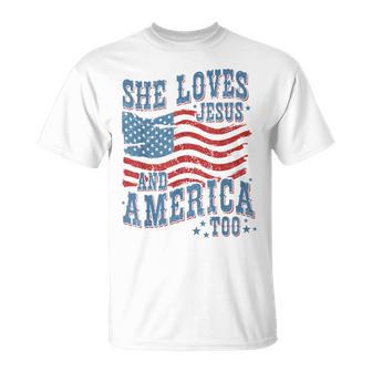 She Loves Jesus And America Too Christian 4Th Of July Women T-Shirt - Monsterry