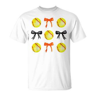 Softballs & Bows For Girl Softball Player Orange Black T-Shirt - Monsterry