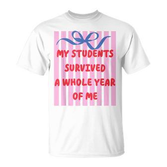 Teacher End Of Year Summer Break My Students Survived Bow T-Shirt - Monsterry