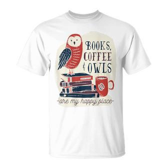 バックプリントの本、コーヒー、フクロウのおかしな幸せ Tシャツ - Kawaiitshirt
