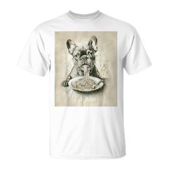 フレンチブルドッグ スパゲッティ モノクロ アート ブラック ホワイト ドッグ Tシャツ - Kawaiitshirt