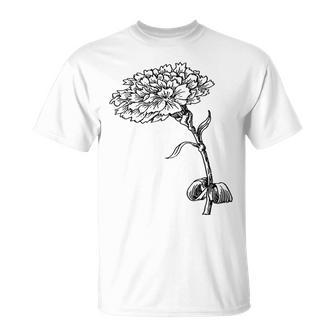 ヴィンテージ カーネーション ボタニカル ライン アート イラスト 黒インク Tシャツ - Kawaiitshirt