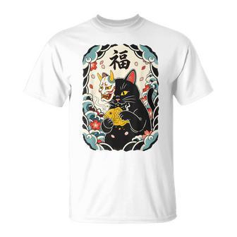 日本の浮世絵 黒子猫 鬼 マスク 魚 ハッピーチャンス アート Tシャツ - Kawaiitshirt