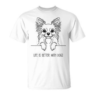 犬と一緒なら人生はもっと良くなる チワワ ラインアート ロングコートチワワ タイプ1 Tシャツ - Kawaiitshirt