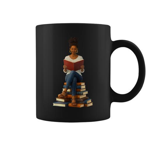 African American Woman Melanin Afro Girl Reading Book Graphic Print Coffee Mug - Bookorys