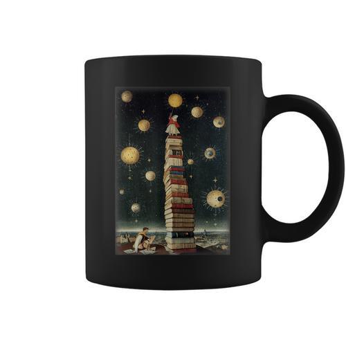 Astrologist Sitting On The Tower Of Stacked Up Books Starry Graphic Print Coffee Mug - Bookorys