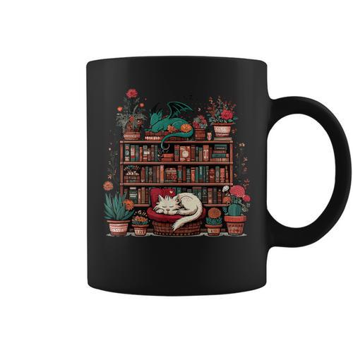 Boho Librarian Booklover Cottagecore Fantasy Book Dragon Cat For Men Women Graphic Print Coffee Mug - Bookorys AU