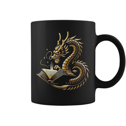 Book Lovers Dragon Fantasy Art Mythical Creatures Yellow Bookworm Chinese Dragon Graphic Print Coffee Mug - Bookorys