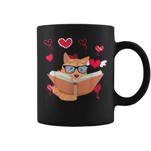 Book Nerd Heart Library Cat Bookworm Animal Pet Book Reading Graphic Print Coffee Mug - Bookorys