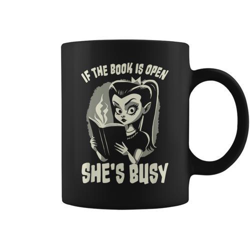 If The Book Is Open She's Busy Witch Goth Girl Loves To Read Graphic Print Coffee Mug - Bookorys CA