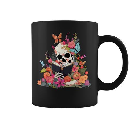 Book Reading Skull Skeleton Flowers Floral Bookish Butterfly Graphic Print Coffee Mug - Bookorys