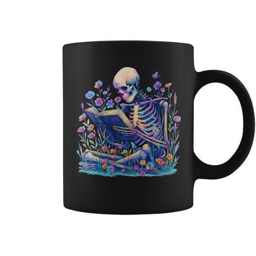 Bookish Skeleton Reading In Wildflowers Book Lover Bookworm Graphic Print Coffee Mug - Bookorys CA
