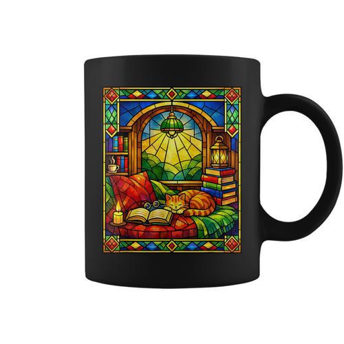 Cat Book Coffee Stained Glass Reading Cottagecore Book Lover Graphic Print Coffee Mug - Bookorys AU