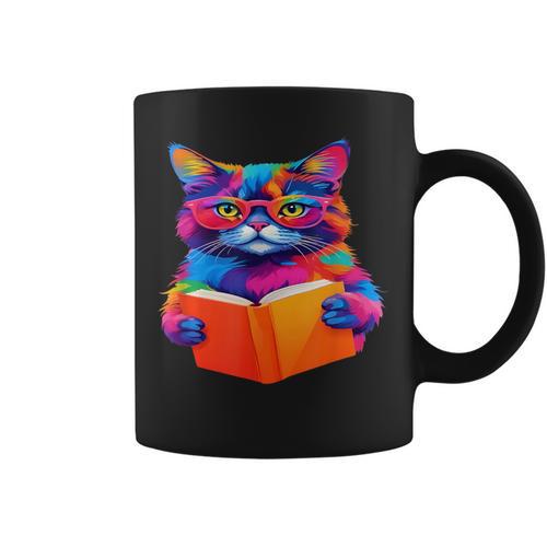Cat Book Shirt Colorful Cat Reading Book Graphic Print Coffee Mug - Bookorys