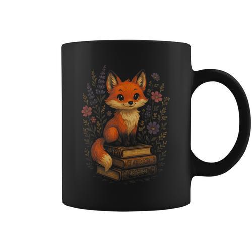 Cottagecore Aesthetic Fox Books Flowers Cute Graphic Print Coffee Mug - Bookorys