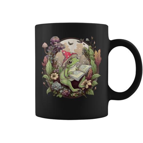 Cottagecore Aesthetic Frog Reading Book Mushroom Hat Floral Graphic Print Coffee Mug - Bookorys DE