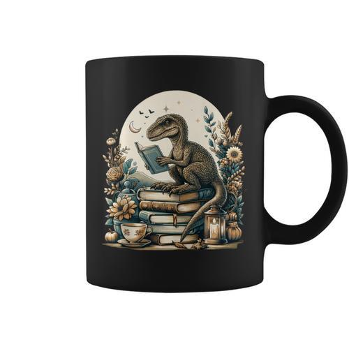 Cottagecore Aesthetic Velociraptor Dinosaur Reading Book Graphic Print Coffee Mug - Bookorys CA