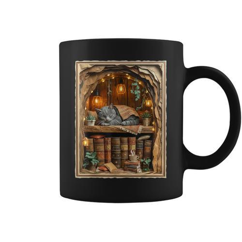 Cozy Sleeping Cat Bookshelf Book Lover Reading Cottagecore Graphic Print Coffee Mug - Bookorys AU