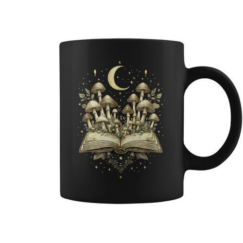 Crescent Mushroom Book Fungi Art Woodland Mystical Night Graphic Print Coffee Mug - Bookorys