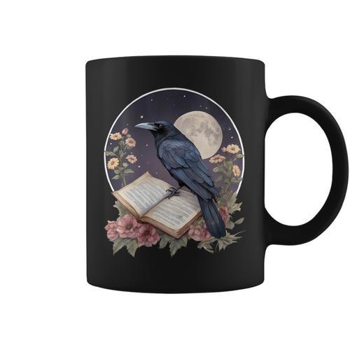 Crow Reading Book Crow Cottagecore Botanical Flowers Vintage Graphic Print Coffee Mug - Bookorys DE